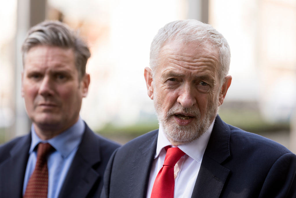 BRUSSELS, BELGIUM - MARCH 21, 2019 : Shadow Secretary of State for Exiting the European Union Sir Keir Starmer KCB QC (L) and the British Labour leader and Leader of the Opposition, Jeremy Corbyn (R) talk to the media at the Berlaymont, the EU Commission headquarters on March 21, 2019 in Brussels, Belgium. Jeremy Corbyn and Labour's Brexit team met with the European Chief Negotiator for the United Kingdom Exiting the European Union, Michel Barnier. (Photo by Thierry Monasse/Getty Images)
