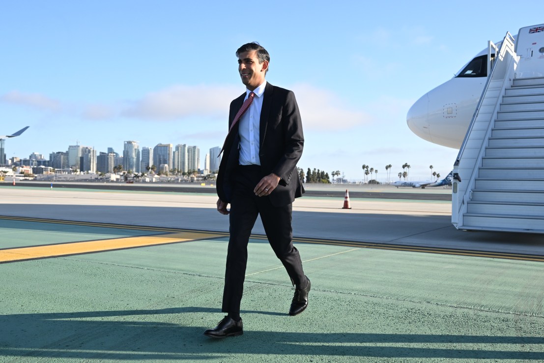 British Prime Minister Rishi Sunak arrives at San Diego International Airport on March 12, 2023 in San Diego, California. U.S. President Biden is hosting Sunak and Australian Prime Minister Anthony Albanese in San Diego for an AUKUS meeting to discuss the procurement of nuclear-powered submarines under a pact between the three nations. (Photo by Leon Neal - WPA Pool /Getty Images)