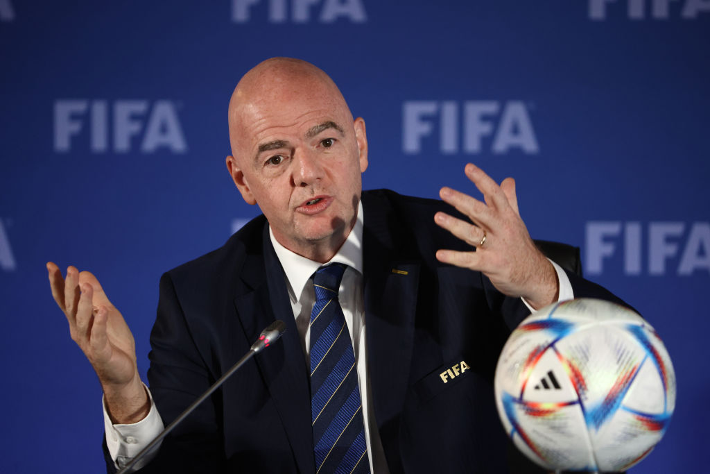AUCKLAND, NEW ZEALAND - OCTOBER 22: FIFA President, Gianni Infantino speaks to the media during the FIFA Council press conference at the Park Hyatt on October 22, 2022 in Auckland, New Zealand. (Photo by Robert Cianflone/Getty Images)