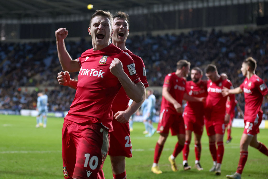COVENTRY, ENGLAND - JANUARY 07:  Thomas O'Connor of Wrexham celebrates scoring his teams third goal of the game during the Emirates FA Cup Third Round match between Coventry City and Wrexham at The Coventry Building Society Arena on January 07, 2023 in Coventry, England. (Photo by Catherine Ivill/Getty Images)