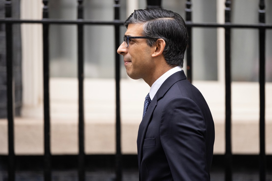 Prime Minister Rishi Sunak departs Downing Street ahead of the weekly Prime Ministers Questions. Photo: Getty