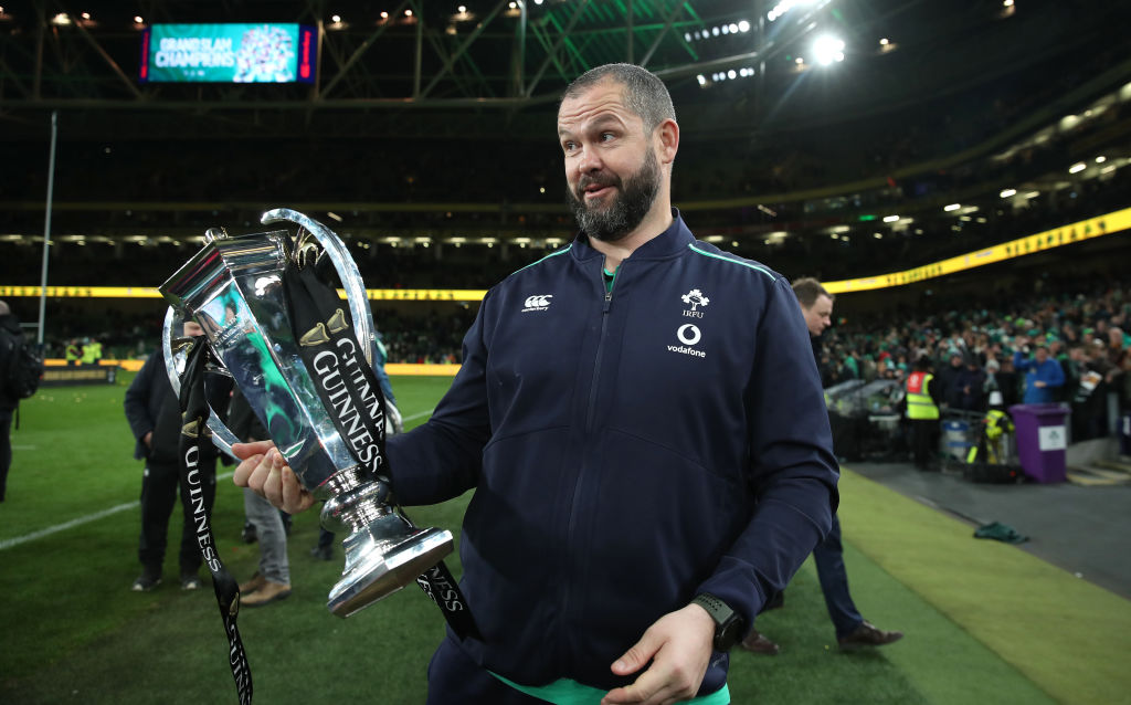 DUBLIN, IRELAND - MARCH 18:  Andy Farrell, the Ireland head coach, holds the Six Nations trophy after Ireland secure a Grand Slam victory during the Six Nations Rugby match between Ireland and England at Aviva Stadium on March 18, 2023 in Dublin, Ireland. (Photo by David Rogers/Getty Images)