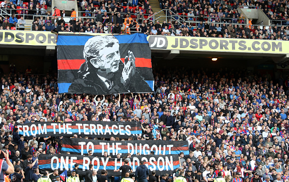 LONDON, ENGLAND - MAY 13:  Fans hold up signs thanking Roy Hodgson, Manager of Crystal Palace after  the Premier League match between Crystal Palace and West Bromwich Albion at Selhurst Park on May 13, 2018 in London, England.  (Photo by Christopher Lee/Getty Images)