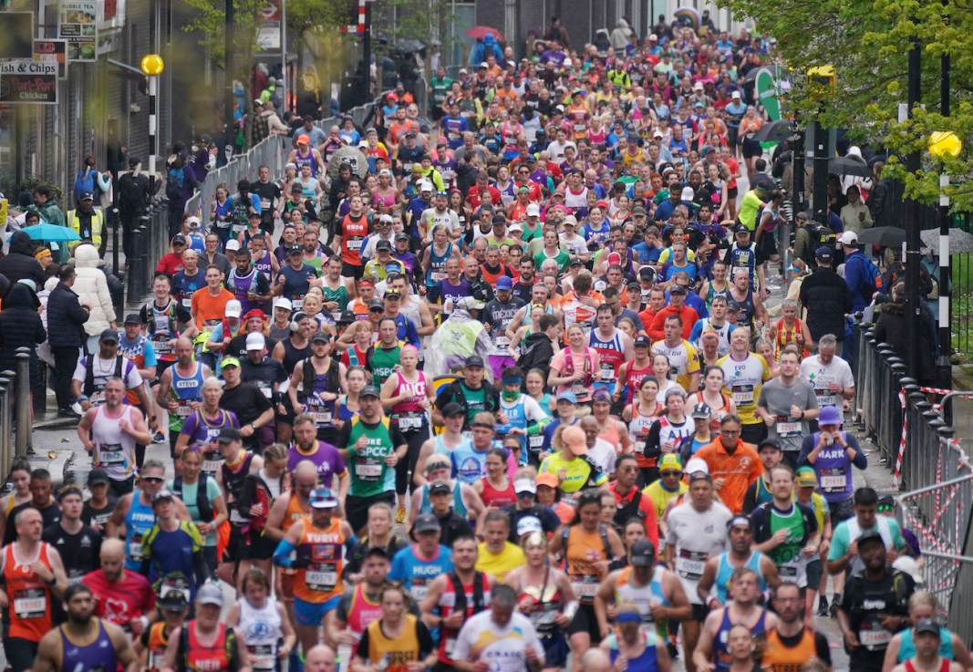Runners reach the Isle of Dogs during the TCS London Marathon. Picture date: Sunday April 23, 2023.