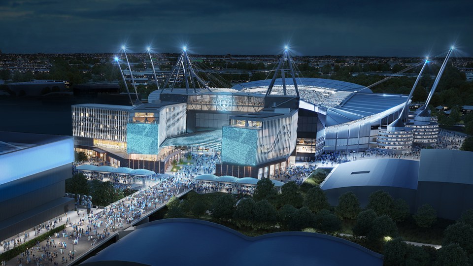 Manchester City's plans for an upgraded Etihad Stadium feature an enlarged North Stand, hotel and "sky bar" with views of the pitch