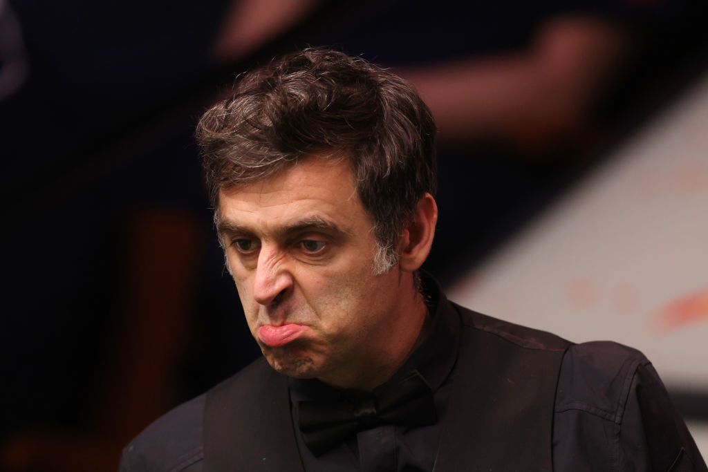 SHEFFIELD, ENGLAND - APRIL 25: Ronnie O'Sullivan of England reacts during their Quarter Final match against Luca Brecel of Belgium on Day Eleven of the Cazoo World Snooker Championship 2023 at Crucible Theatre on April 25, 2023 in Sheffield, England. (Photo by George Wood/Getty Images)