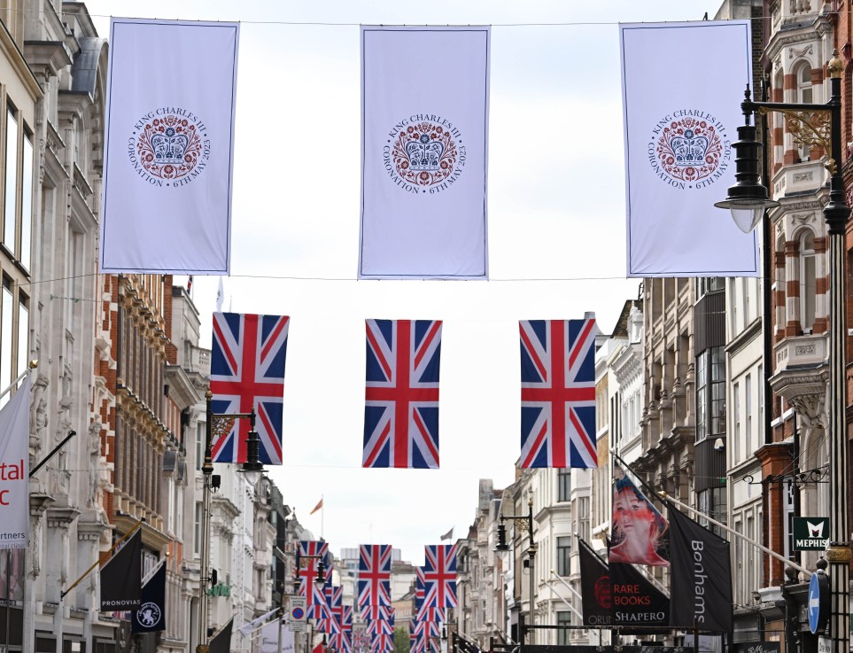 EDITORIAL USE ONLY
A view of Bond Street as it is decorated with 247 Union flags to celebrate King Charles III’s Coronation. Issue date: Wednesday April 26, 2023. PA Photo. 1.75 million visitors to Oxford Street and Bond Street are expected to spend up to £50 million over a record Bank Holiday weekend. Picture credit should read: Doug Peters/PA Wire.