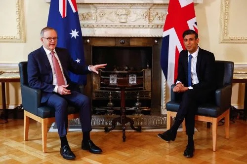 Prime Minister Rishi Sunak meets with Australian Prime Minister Anthony Albanese at 10 Downing Street in London. Source: Peter Nicholls/PA Wire