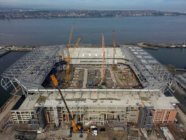 LIVERPOOL, ENGLAND - MAY 14: An aerial view as construction continues on the Everton Stadium at Bramley-Moore Dock on May 14, 2023 in Liverpool, England. The stadium, which will be the home of Everton Football Club, is due to be completed in 2024. (Photo by Michael Regan/Getty Images)