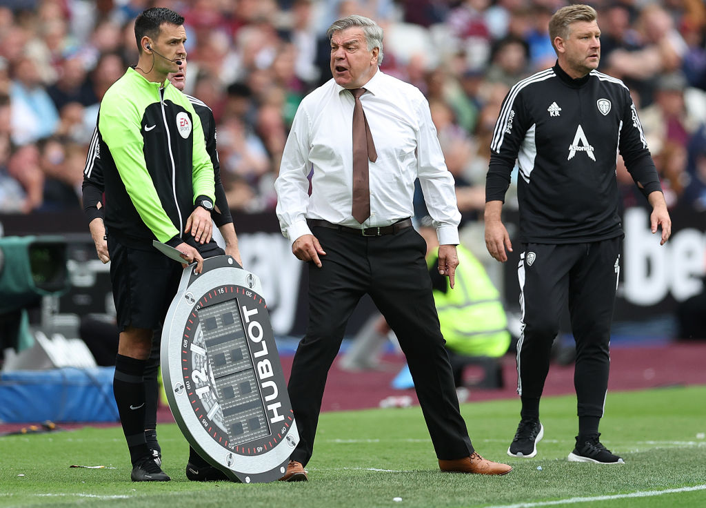 LONDON, ENGLAND - MAY 21: Sam Allardyce, Manager of Leeds United reacts during the Premier League match between West Ham United and Leeds United at London Stadium on May 21, 2023 in London, England. (Photo by Julian Finney/Getty Images)