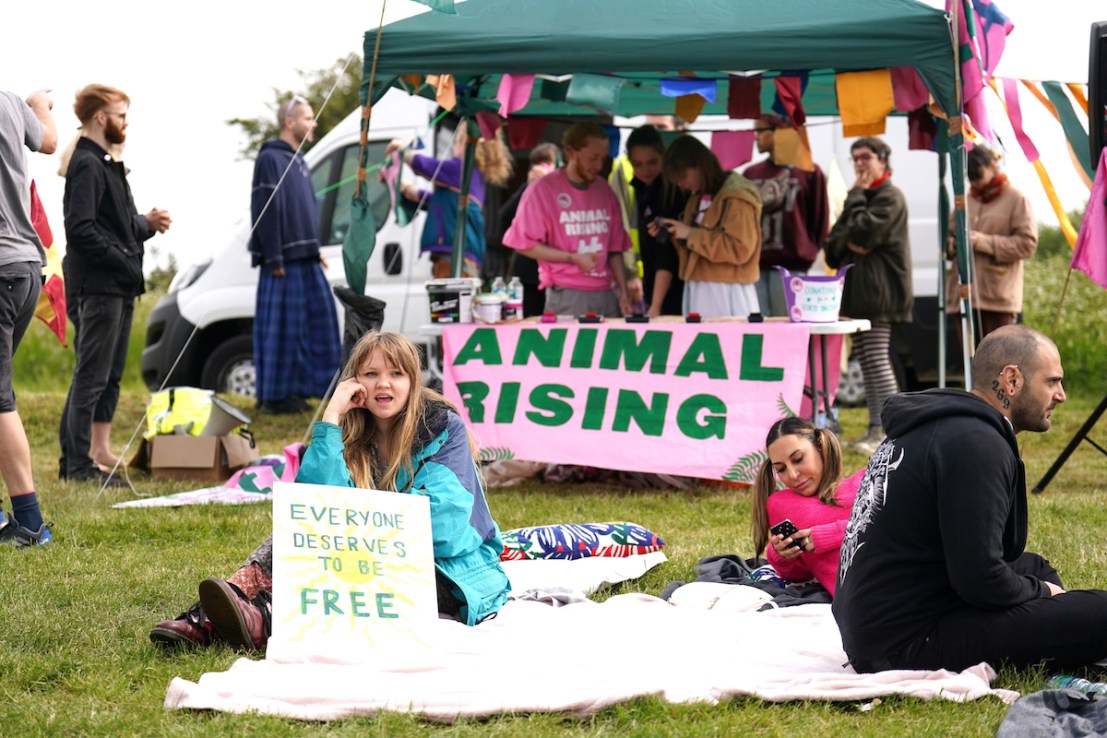 Members of animal rights protest group Animal Rising, demonstrate near to the racecourse's entrance during the Derby Festival at Epsom Downs Racecourse, Epsom after they were allocated the space by the Jockey Club. Picture date: Saturday June 3, 2023. PA Photo. Nineteen activists have been arrested ahead of plans to disrupt the Epsom Derby on Saturday, police said. The group Animal Rising accused Surrey Police of "abusing" their powers after 19 people were arrested on Saturday morning based on intelligence received by officers. A spokesman for the force said 11 people were arrested at addresses in Mitcham and Byfleet in the early hours and a further eight people were arrested after their vehicle was stopped on Canons Lane in Burgh Heath at around 10.20am. See PA story POLICE Epsom. Photo credit should read: Mike Egerton/PA Wire

RESTRICTIONS: Editorial Use only, commercial use is subject to prior permission from The Jockey Club/Epsom Downs Racecourse.