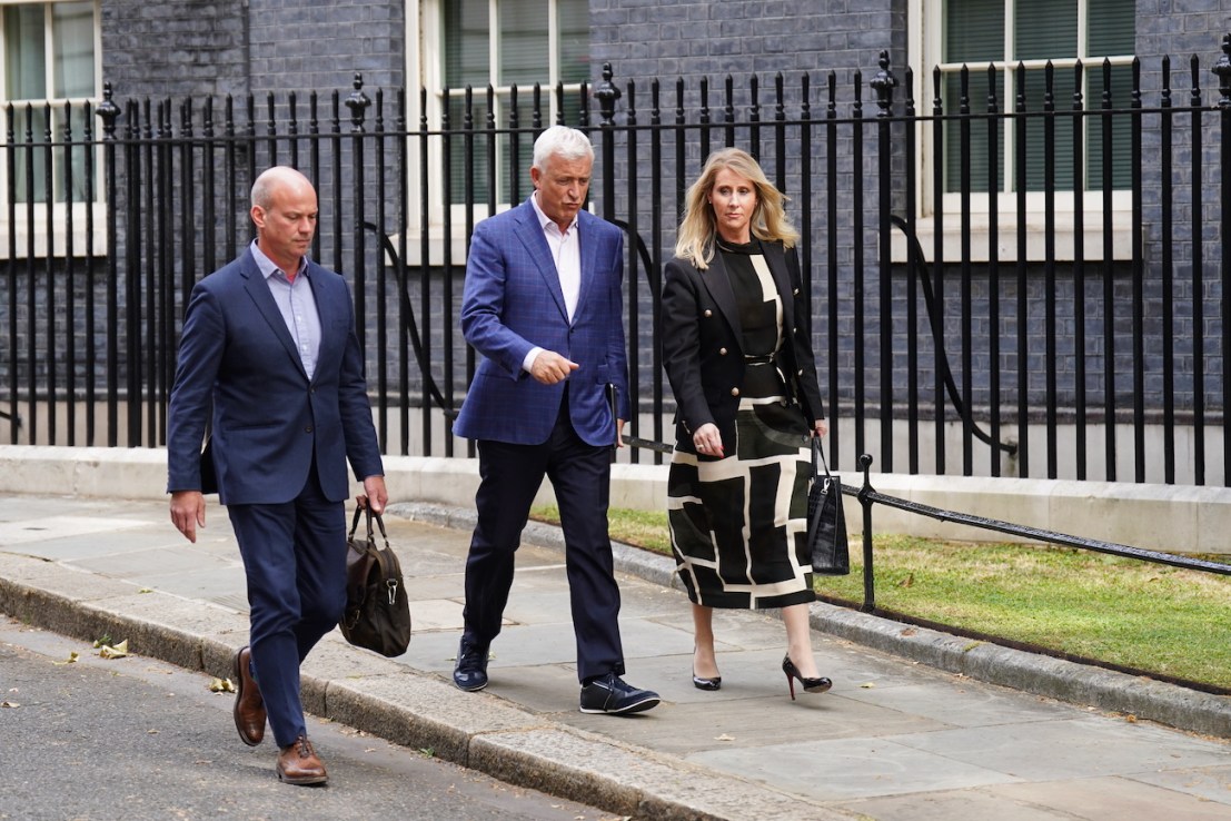 Matt Hammerstein, CEO, Barclays UK, David Duffy, CEO, Virgin Money and Debbie Crosby, CEO, Nationwide Building Society depart 10 Downing Street. Photo: James Manning/PA Wire