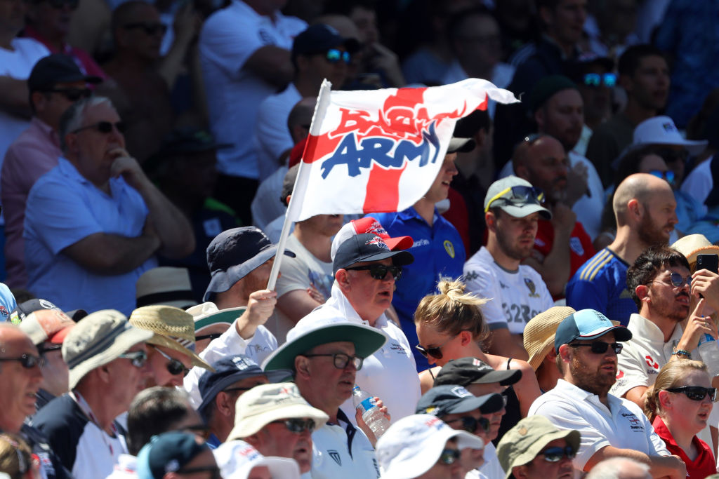 CAPE TOWN, SOUTH AFRICA - JANUARY 04: England's Barmy Army fans during day 2 of the 2nd Test match between South Africa and England at Newlands Cricket Stadium on January 04, 2020 in Cape Town, South Africa. (Photo by Carl Fourie/Gallo Images/Getty Images)