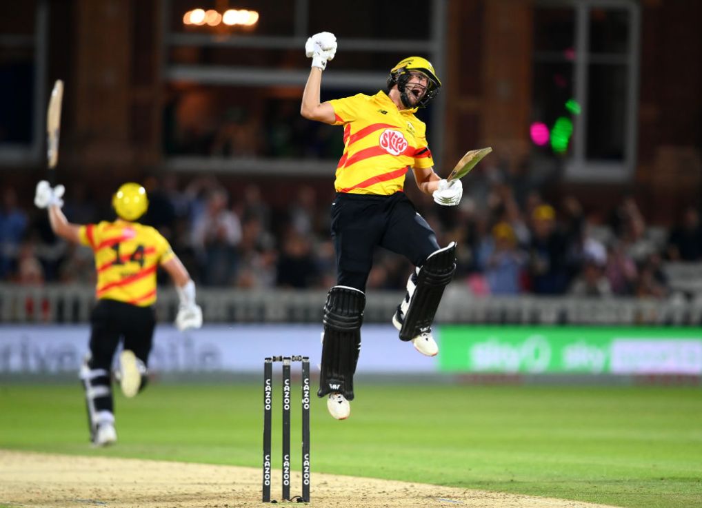 LONDON, ENGLAND - SEPTEMBER 03: Lewis Gregory of Trent Rockets celebrates victory during the Hundred Final match between Trent Rockets and Manchester Originals at Lord's Cricket Ground on September 03, 2022 in London, England. (Photo by Alex Davidson/Getty Images)