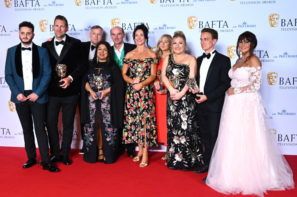 The cast and crew of 'The Traitors' with the Reality & Constructed Factual Award during the 2023 BAFTA Television Awards. (Photo by Joe Maher/Getty Images)