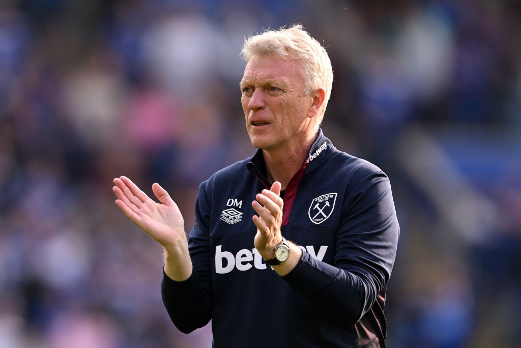 LEICESTER, ENGLAND - MAY 28: David Moyes, Manager of West Ham United, applauds the fans after the team's defeat during the Premier League match between Leicester City and West Ham United at The King Power Stadium on May 28, 2023 in Leicester, England. (Photo by Ross Kinnaird/Getty Images)