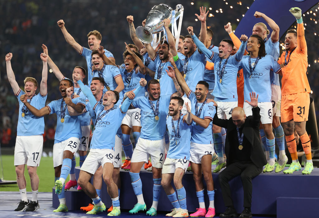 ISTANBUL, TURKEY - JUNE 10:  Ilkay Guendogan of Manchester City lifts the UEFA Champions League trophy after the team's victory during the UEFA Champions League 2022/23 final match between FC Internazionale and Manchester City FC at Atatuerk Olympic Stadium on June 10, 2023 in Istanbul, Turkey. (Photo by Michael Steele/Getty Images)