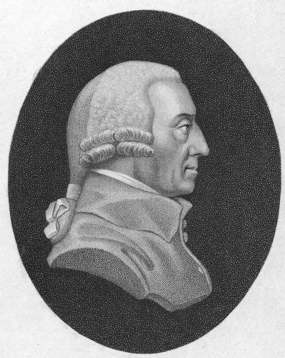 circa 1770:  Scottish economist and philosopher Adam Smith (1723-1790). Professor of moral philosophy at the University of Glasgow from 1752, he published 'Theory of Moral Sentiments' 1759, and 'An Inquiry into the Nature and Causes of the Wealth of Nations,' published in 1776. His pragmatic, social insight remained an influence on the later economists and economic doctrines such as free trade, individual competition and the division of labor.  (Photo by Hulton Archive/Getty Images)