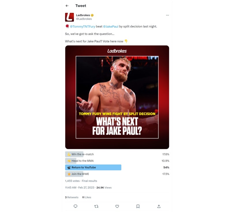 screen grab issued by Advertising Standards Authority (ASA) of a tweet by Ladbrokes which has been banned for featuring Jake Paul, a YouTuber and professional boxer who is a favourite among teenagers. The ASA said "we considered that the ad was irresponsible and breached the Code." Photo credit: ASA/PA Wire 
