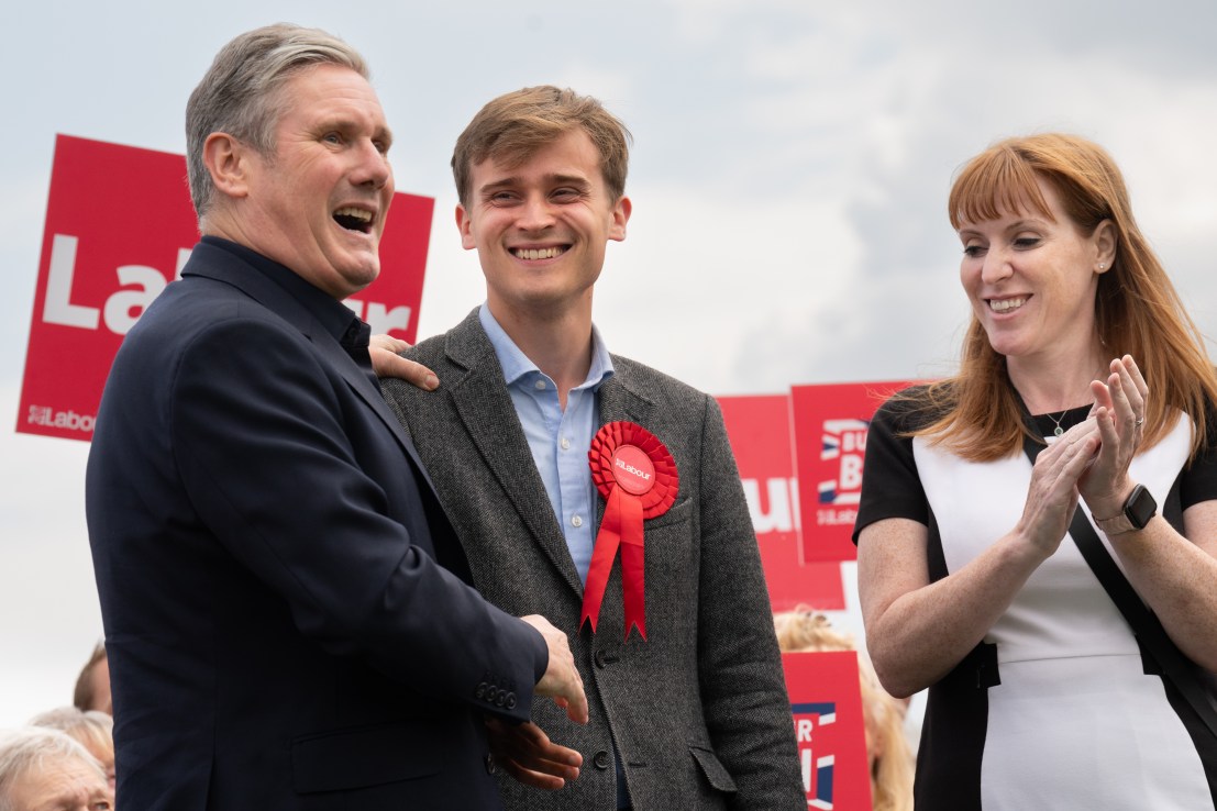 Newly elected Labour MP Keir Mather (centre) with Labour leader Sir Keir Starmer. Photo: Stefan Rousseau/PA Wire