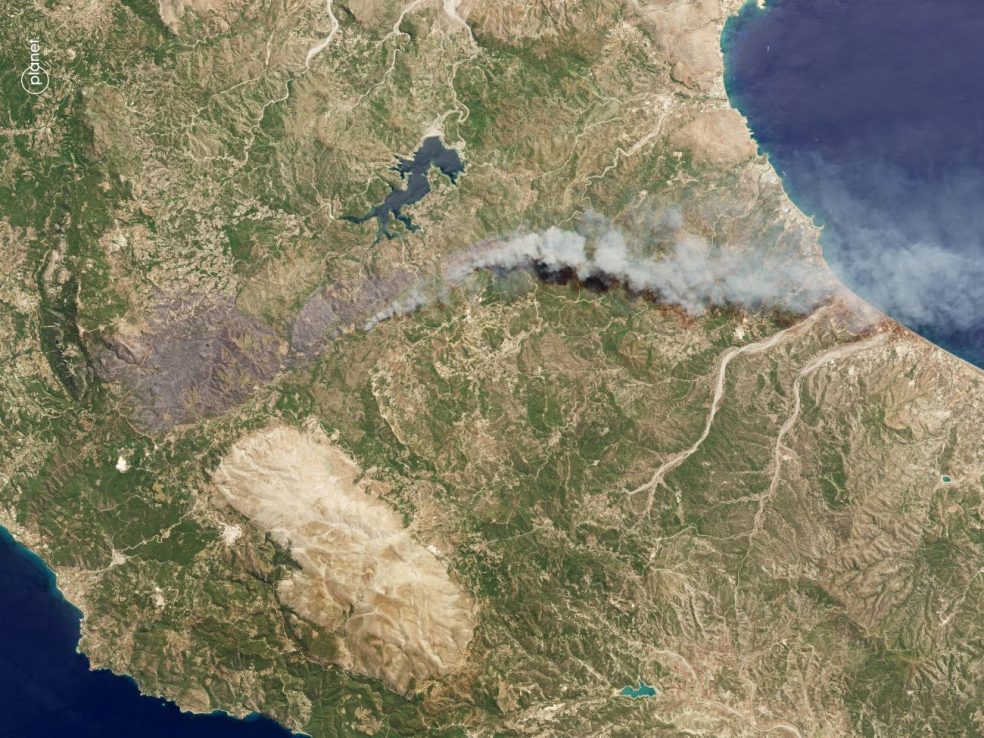 Undated handout satellite imagery issued by Planet Labs PBC of wildfires on the island of Rhodes in Greece. (Press Association/Planet Labs)
