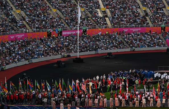 Athletes gather as they take part in the closing ceremony for the Commonwealth Games at the Alexander Stadium in Birmingham, central England, on August 8, 2022. (Photo by Paul ELLIS / AFP) (Photo by PAUL ELLIS/AFP via Getty Images)