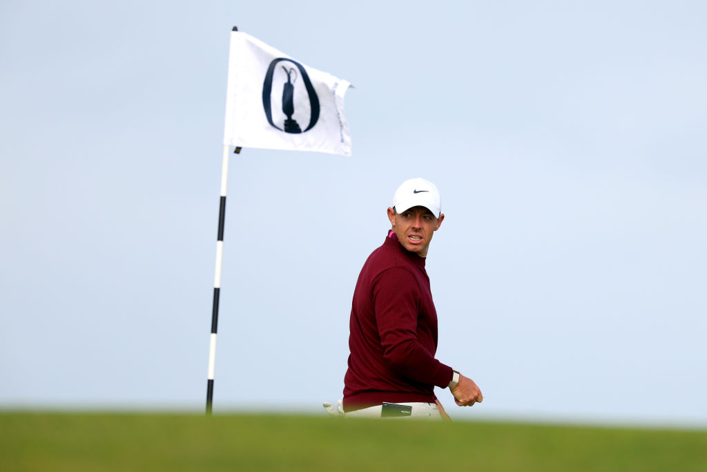 HOYLAKE, ENGLAND - JULY 18: Rory McIlroy of Northern Ireland reacts on the 12th hole prior to The 151st Open at Royal Liverpool Golf Club on July 18, 2023 in Hoylake, England. (Photo by Andrew Redington/Getty Images)