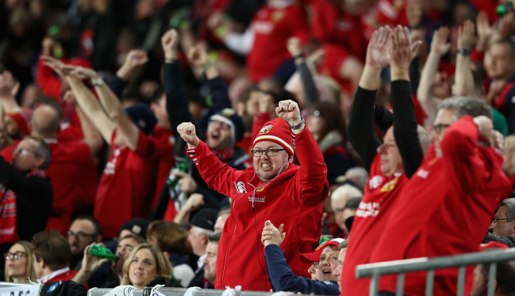 AUCKLAND, NEW ZEALAND - JULY 08:  Lions supporters celebrate during the Test match between the New Zealand All Blacks and the British & Irish Lions at Eden Park on July 8, 2017 in Auckland, New Zealand.  (Photo by David Rogers/Getty Images)