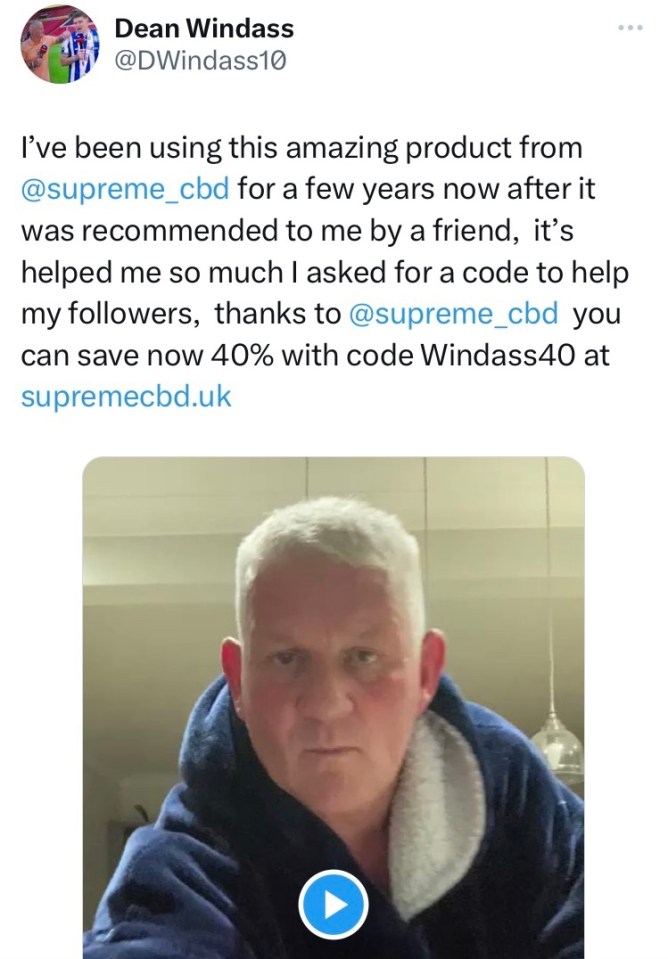 Former Premier League footballer Dean Windass has tweeted in connection with Supreme CBD more than 400 times in three months