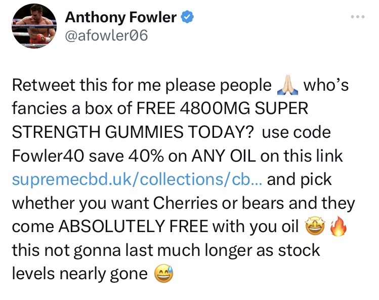 Former boxer Anthony Fowler is the owner of the CBD business and tweets about the brand dozens of times a day 