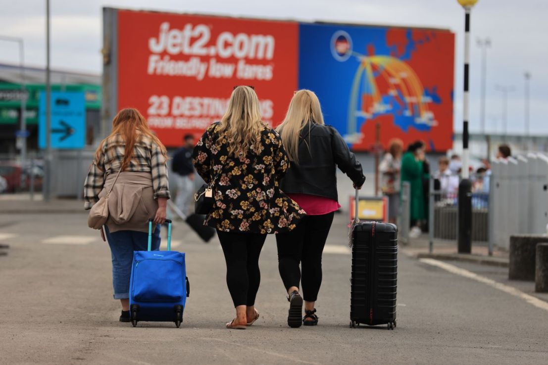 Passengers at Belfast International Airport, as flights to the UK and Ireland have been cancelled as a result of air traffic control issues in the UK. 
(Credit: Liam McBurney/PA Wire)