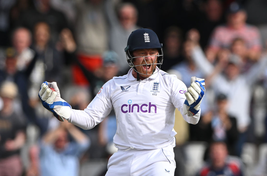 LONDON, ENGLAND - JULY 31: England wicketkeeper Jonny Bairstow celebrates after catching Mitchell Marsh off the bowling of Moeen Ali during day five of the LV= Insurance Ashes 5th Test Match between England and Australia  at The Kia Oval on July 31, 2023 in London, England. (Photo by Stu Forster/Getty Images)