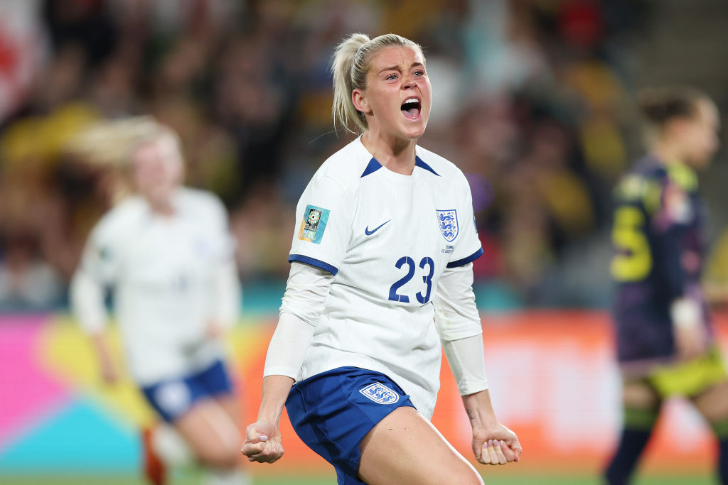 SYDNEY, AUSTRALIA - AUGUST 12: Alessia Russo of England celebrates after scoring her team's second goal during the FIFA Women's World Cup Australia & New Zealand 2023 Quarter Final match between England and Colombia at Stadium Australia on August 12, 2023 in Sydney, Australia. (Photo by Mark Metcalfe - FIFA/FIFA via Getty Images)