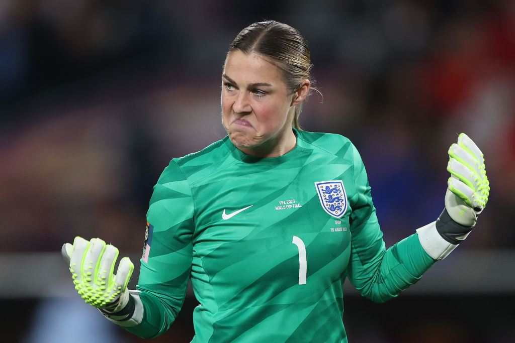 SYDNEY, AUSTRALIA - AUGUST 20: Mary Earps of England  reacts after saving a penalty taken by Jennifer Hermoso of Spain (not pictured) during the FIFA Women's World Cup Australia & New Zealand 2023 Final match between Spain and England at Stadium Australia on August 20, 2023 in Sydney, Australia. (Photo by Robert Cianflone/Getty Images)