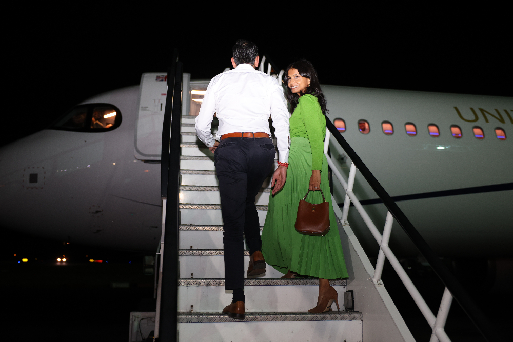 Prime Minister Rishi Sunak and his wife Akshata Murthy board the plane on their way to the G20 2023 Summit in New Delhi at Stansted Airport. Picture date: Thursday September 7, 2023. PA Photo. See PA story POLITICS G20. Photo credit should read: Dan Kitwood/PA Wire