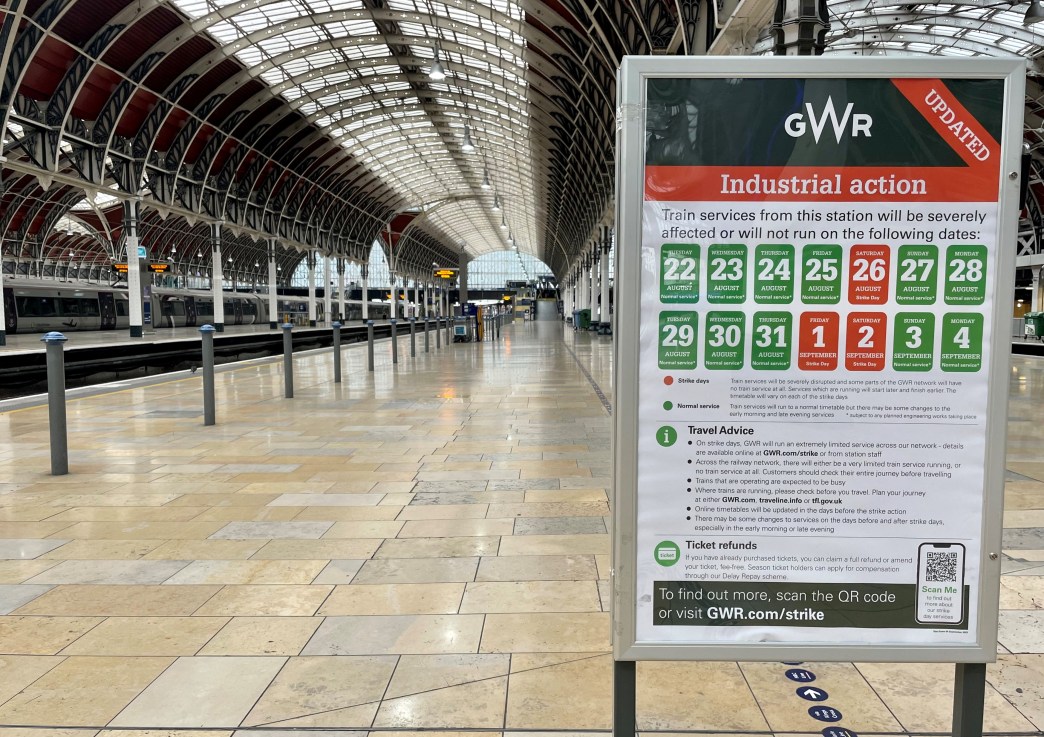 Empty platforms at Paddington train station in London, during a strike by members of the Aslef union. Photo credit: Jonathan Brady/PA Wire