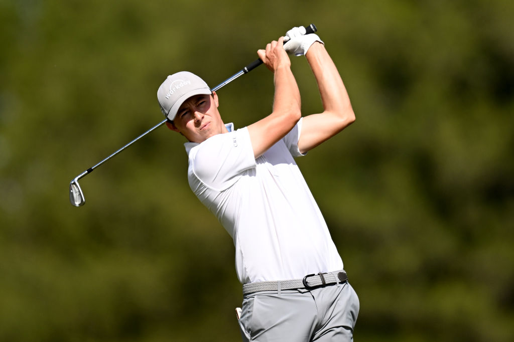 CRANS-MONTANA, SWITZERLAND - SEPTEMBER 03: Matt Fitzpatrick of England plays his second shot on the 14th hole during Day Four of the Omega European Masters at Crans-sur-Sierre Golf Club on September 03, 2023 in Crans-Montana, Switzerland. (Photo by Stuart Franklin/Getty Images)