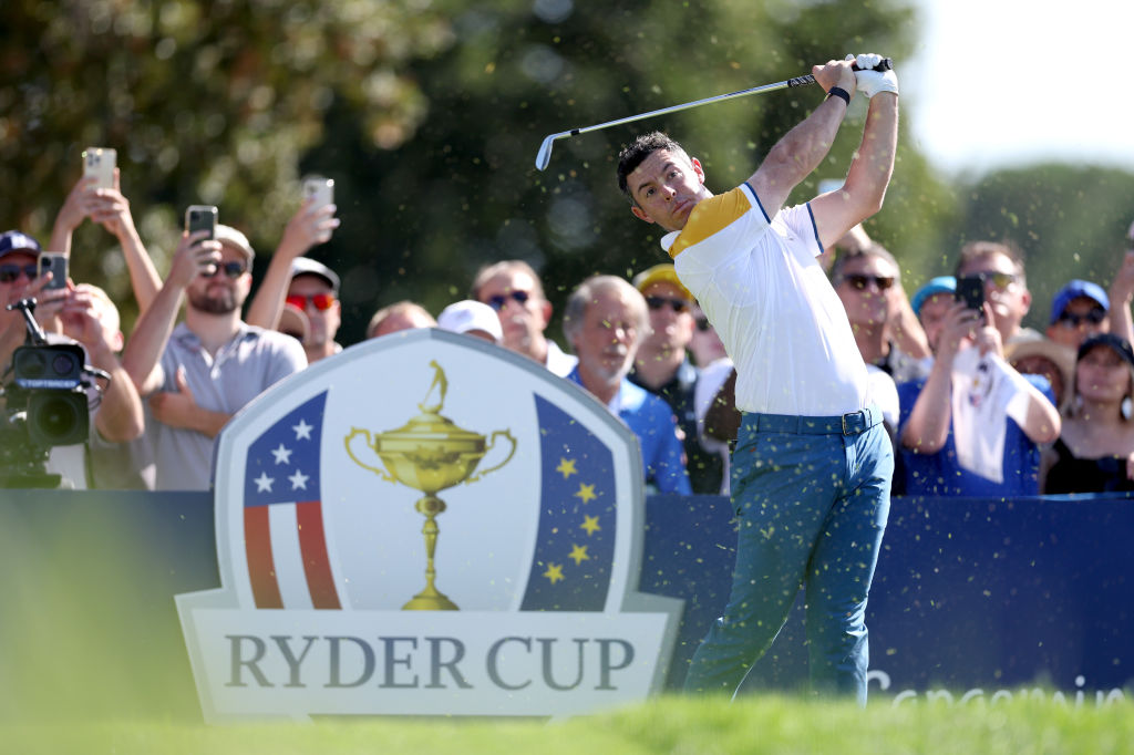 ROME, ITALY - SEPTEMBER 26: Rory McIlroy of Team Europe tees off on the fourth hole during a practice round prior to the 2023 Ryder Cup at Marco Simone Golf Club on September 26, 2023 in Rome, Italy. (Photo by Richard Heathcote/Getty Images)