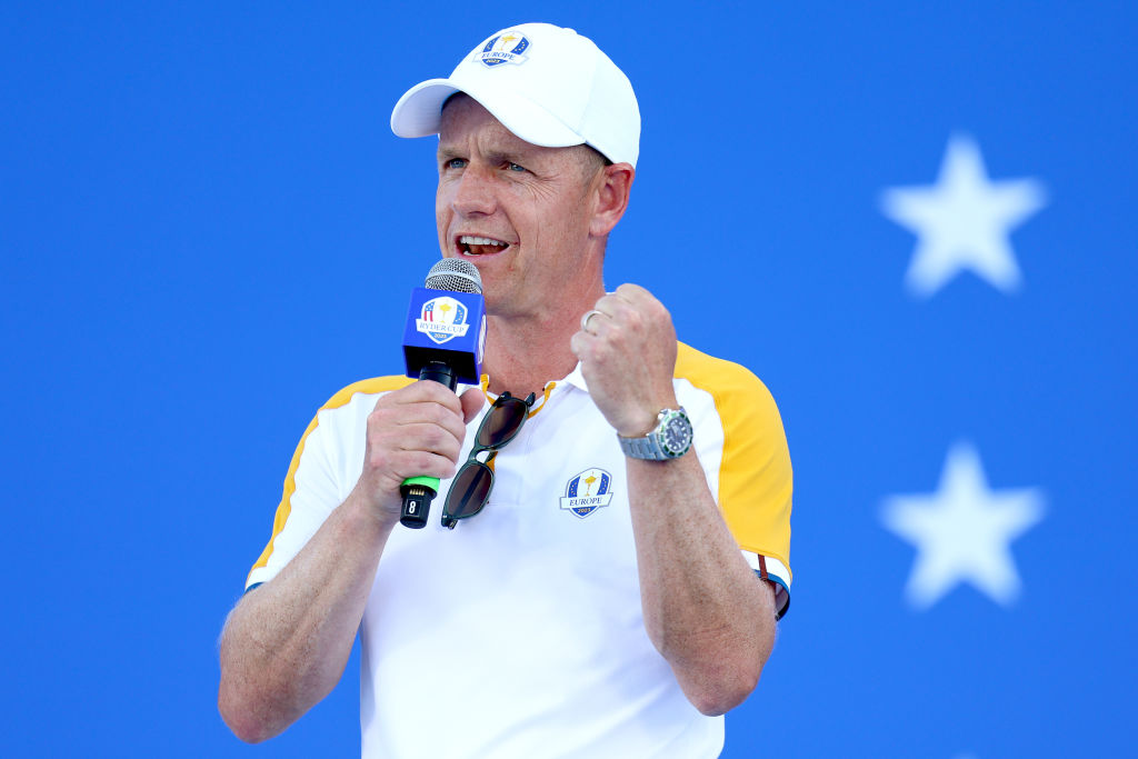 ROME, ITALY - SEPTEMBER 26: Luke Donald, Captain of Team Europe speaks on stage during the "Welcome to Rome" show prior to the 2023 Ryder Cup at Marco Simone Golf Club on September 26, 2023 in Rome, Italy. (Photo by Andrew Redington/Getty Images)