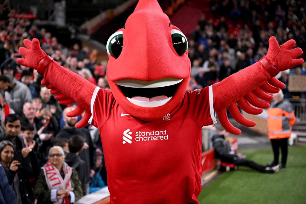 LIVERPOOL, ENGLAND - SEPTEMBER 27: (THE SUN OUT, THE SUN ON SUNDAY OUT) Mighty Red mascot of Liverpool during the Carabao Cup Third Round match between Liverpool and Leicester City at Anfield on September 27, 2023 in Liverpool, England. (Photo by Andrew Powell/Liverpool FC via Getty Images)