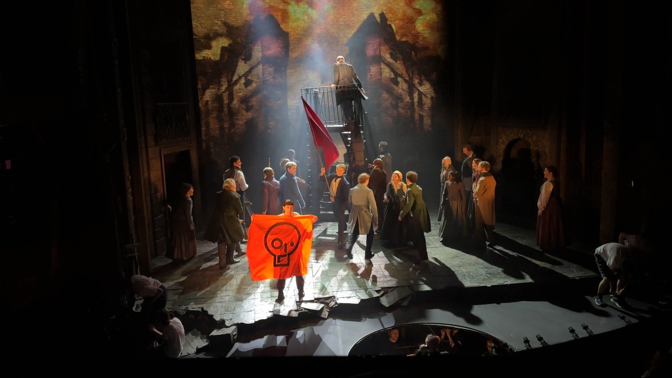 Just Stop Oil  activists disrupting a performance of Les Miserables at the Sondheim Theatre in London's West End. Picture date: Wednesday October 4, 2023.  . Photo credit should read: Just Stop Oil/PA Wire  