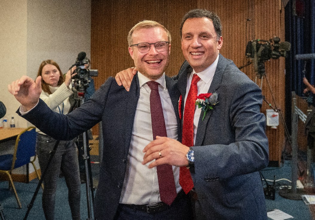 Scottish Labour leader Anas Sarwar (right) with candidate Michael Shanks after Labour won the Rutherglen and Hamilton West by-election, at South Lanarkshire Council Headquarters in Hamilton. Picture date: Friday October 6, 2023. (Jane Barlow/PA Wire)
