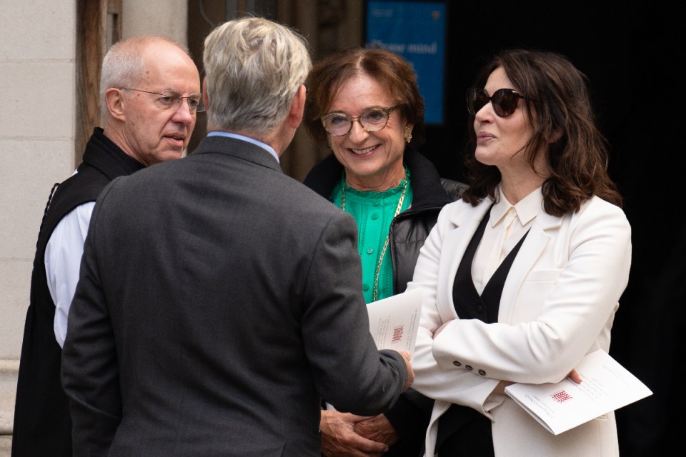 (left to right) Archbishop of Canterbury Justin Welby, Dominic Lawson, Rosa Monckton and Nigella Lawson leave St Margaret's Church in central London after attending a Service of Thanksgiving for the life and work of former Chancellor of the Exchequer, Lord Lawson who died earlier this year.  (Stefan Rousseau/PA Wire)