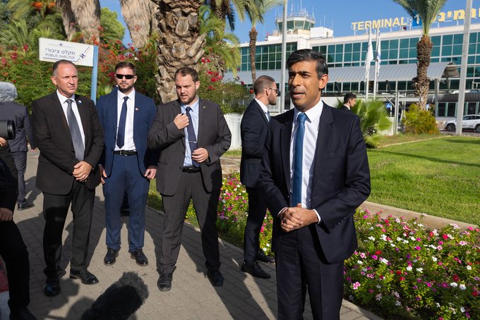 Rishi Sunak has arrived in Israel to “express solidarity” with the country over Hamas’s attack as part of a two-day trip urging against any escalation of violence in the wider Middle East. Photo: via Rishi Sunak on X