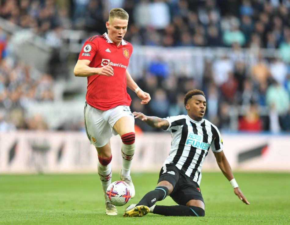 NEWCASTLE UPON TYNE, ENGLAND - APRIL 02:  Manchester United's Scott McTominay is tackled by Newcastle United's Joe Willock during the Premier League match between Newcastle United and Manchester United at St. James Park on April 2, 2023 in Newcastle upon Tyne, United Kingdom. (Photo by Dave Howarth - CameraSport via Getty Images)