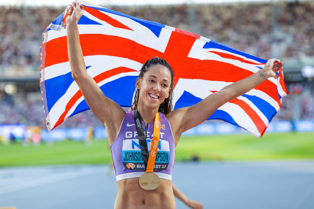 BUDAPEST, HUNGARY:  August 20:  Gold medal winner Katarina Johnson-Thompson of Great Britain celebrates her victory in the Heptathlon competition at the World Athletics Championships, at the National Athletics Centre on August 20th, 2023 in Budapest, Hungary. (Photo by Tim Clayton/Corbis via Getty Images)