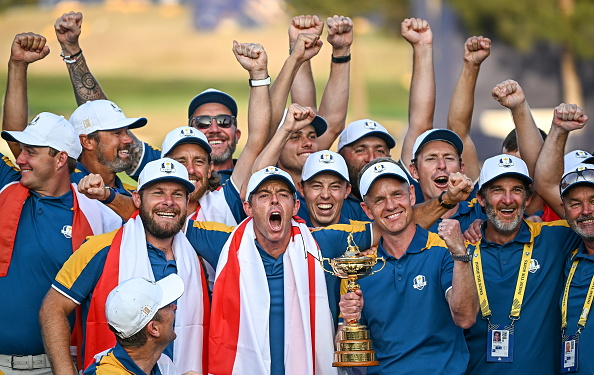 Rome , Italy - 1 October 2023; Europe captain Luke Donald with players, including Tyrrell Hatton and Rory McIlroy, celebrate with backroom staff after the final day of the 2023 Ryder Cup at Marco Simone Golf and Country Club in Rome, Italy. (Photo By Ramsey Cardy/Sportsfile via Getty Images)