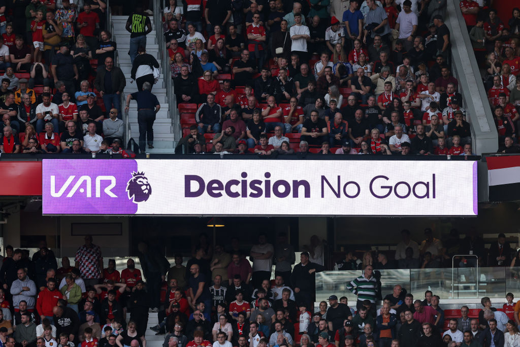 MANCHESTER, ENGLAND - OCTOBER 7: The VAR logo on the LED screen displaying no goal during the Premier League match between Manchester United and Brentford FC at Old Trafford on October 7, 2023 in Manchester, United Kingdom. (Photo by Matthew Ashton - AMA/Getty Images)