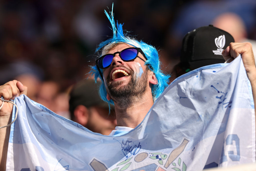 NANTES, FRANCE - OCTOBER 08: A fan of Argentina enjoys the match atmosphere during the Rugby World Cup France 2023 match between Japan and Argentina at Stade de la Beaujoire on October 08, 2023 in Nantes, France. (Photo by David Rogers/Getty Images)