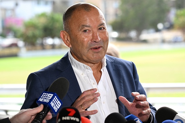 Australia's rugby head coach Eddie Jones speaks to media at Coogee Oval in Sydney on October 17, 2023. Australia head coach Eddie Jones on October 17, 2023 denied a rumoured shift to Japan, pledging to stick with the struggling Wallabies following a disastrous Rugby World Cup campaign. (Photo by Saeed Khan / AFP) / -- IMAGE RESTRICTED TO EDITORIAL USE - STRICTLY NO COMMERCIAL USE -- (Photo by SAEED KHAN/AFP via Getty Images)